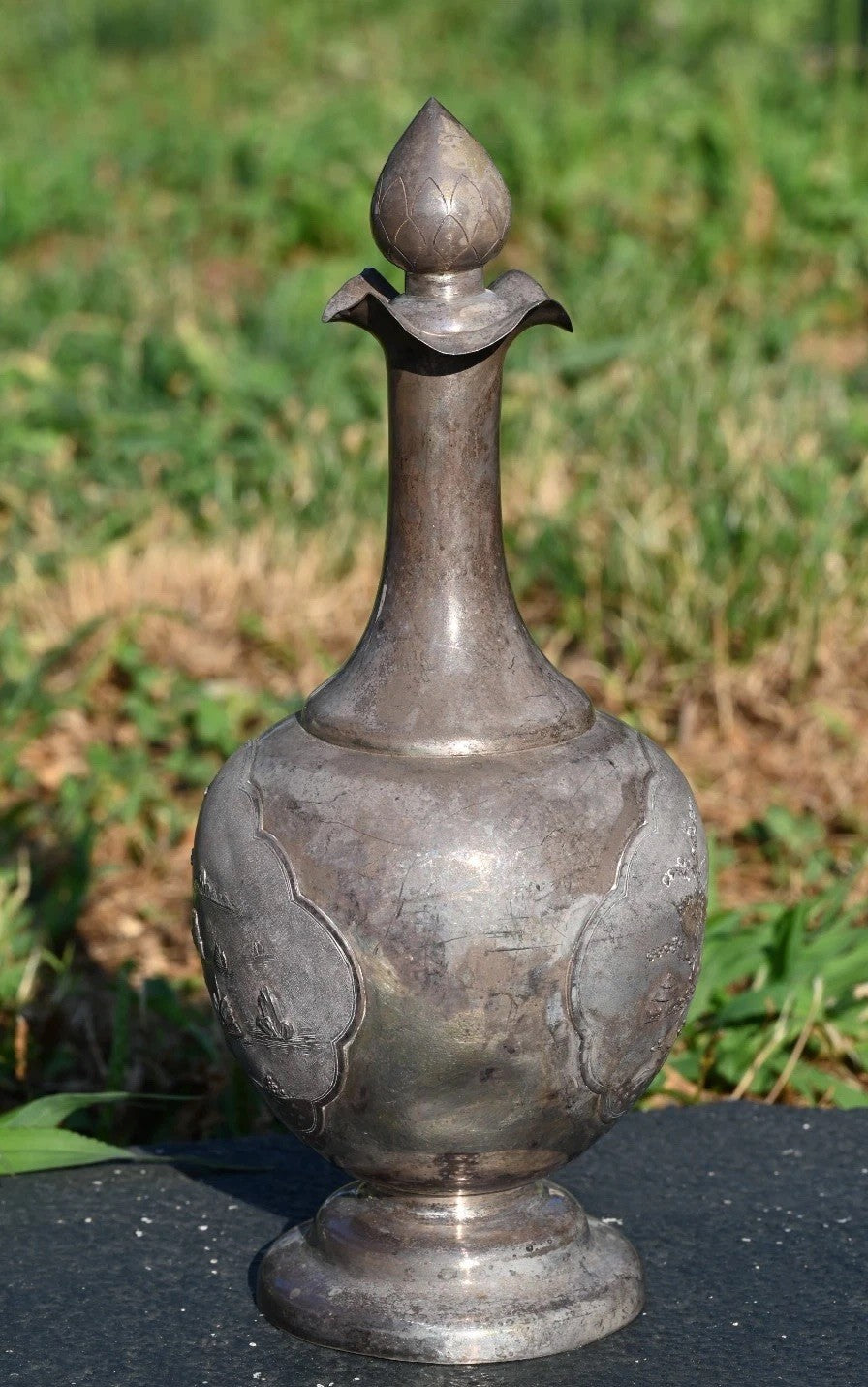 Unique Vietnamese Antique 1900s Handmade Silver Decanter Set With Tray & Cups3