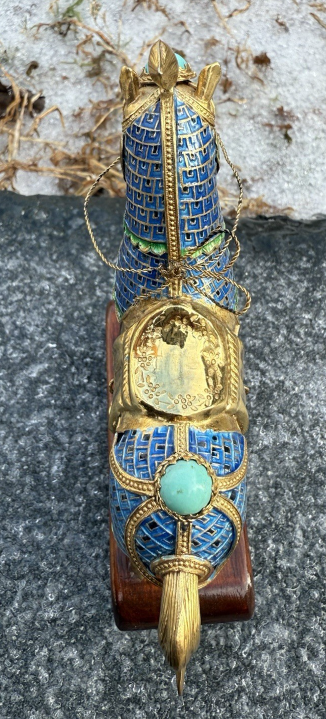Majestic Chinese Vintage Enamel Gilt Export Silver  Horse w/ Turquoise Gems9