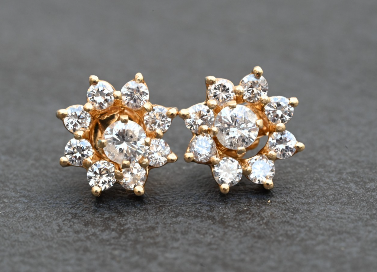 Awesome Pair of Floral Design Diamond Stud Earrings in 14k Yellow Gold0
