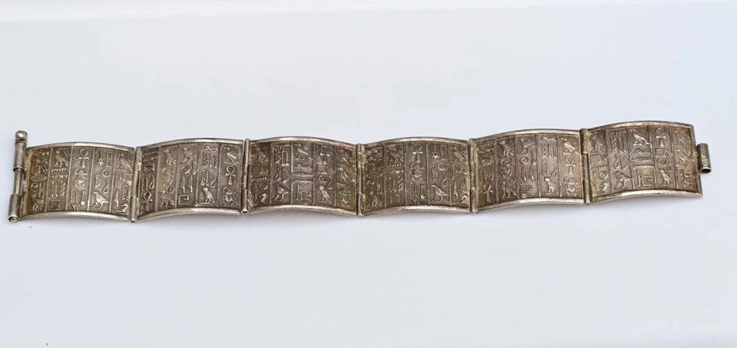 Gorgeous Egyptian Hieroglyphic Ancient style .900/1000 Silver Bracelet 7 1/2"0