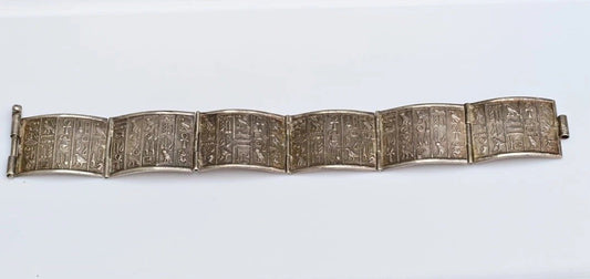 Gorgeous Egyptian Hieroglyphic Ancient style .900/1000 Silver Bracelet 7 1/2"0
