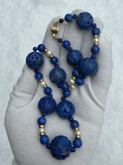 Stunning Chinese Carved Shou Royal Blue Lapiz Lazuli & 14k Beaded Necklace2