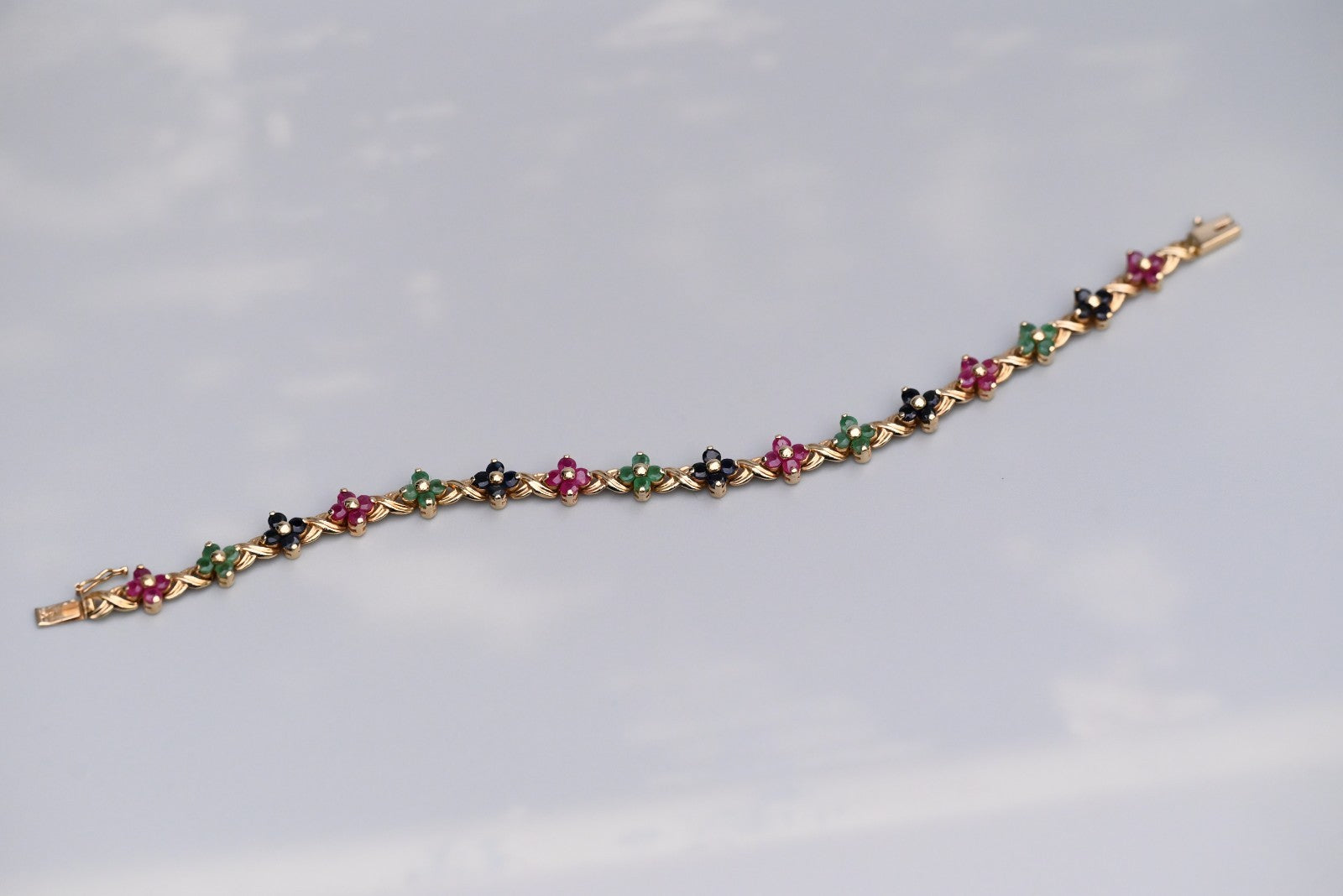 Beautiful Floral Tennis Bracelet with Sapphires, Rubies & Emeralds 14K YG 7 1/4"8