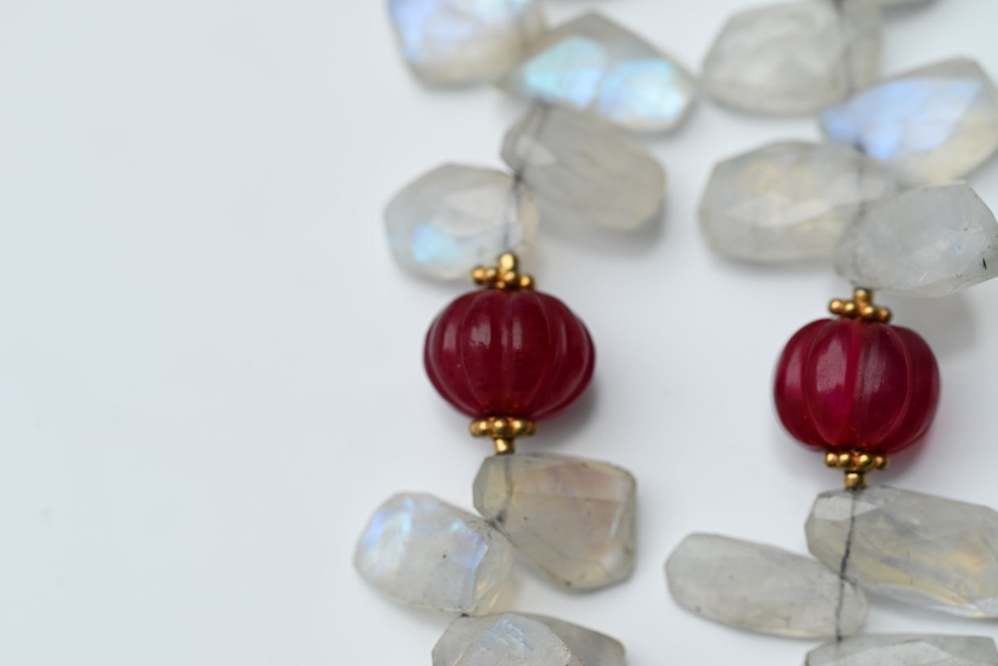 Gold Gilt Sterling Silver Necklace with Moonstone Petals & Red Ruby Gems3
