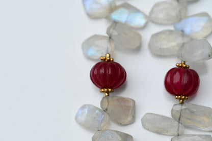 Gold Gilt Sterling Silver Necklace with Moonstone Petals & Red Ruby Gems3