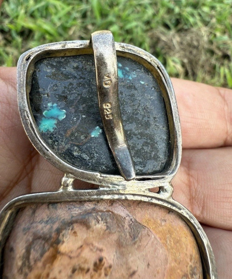 Southwestern Style Sterling Silver Pendant W Ammonite Fossil & Carved Turquoise5