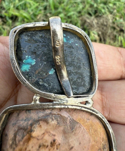 Southwestern Style Sterling Silver Pendant W Ammonite Fossil & Carved Turquoise5