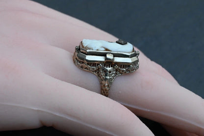 Superb Antique Carved Cameo & Black Onyx Flip Ring in 14k White Gold Ring0