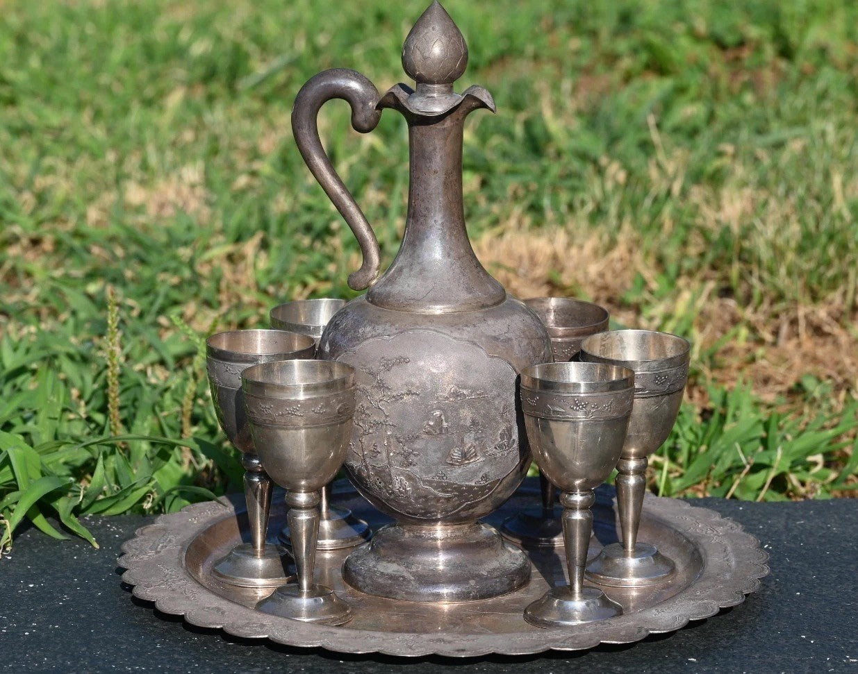Unique Vietnamese Antique 1900s Handmade Silver Decanter Set With Tray & Cups0