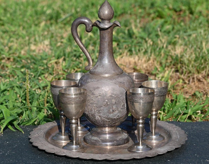 Unique Vietnamese Antique 1900s Handmade Silver Decanter Set With Tray & Cups0