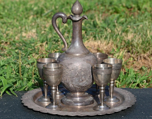 Unique Vietnamese Antique 1900s Handmade Silver Decanter Set With Tray & Cups0