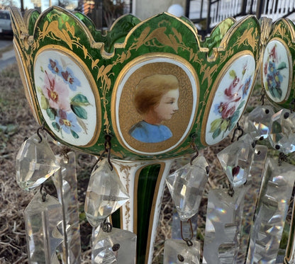 Antique 19th C. Bohemian Moser Glass Emerald Green Enameled & Gilt Lustres8
