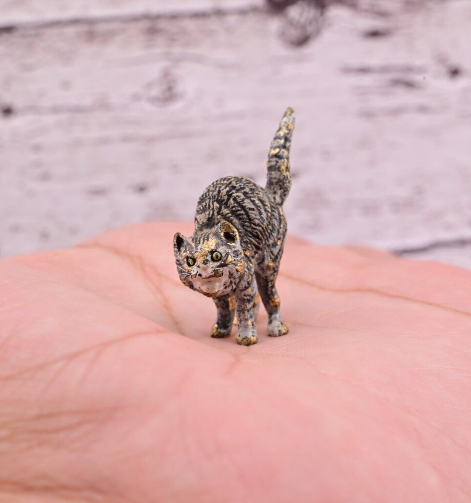 Life-Like Antique Austrian Vienna Cold Painted Bronze Figure of Scared Cat0