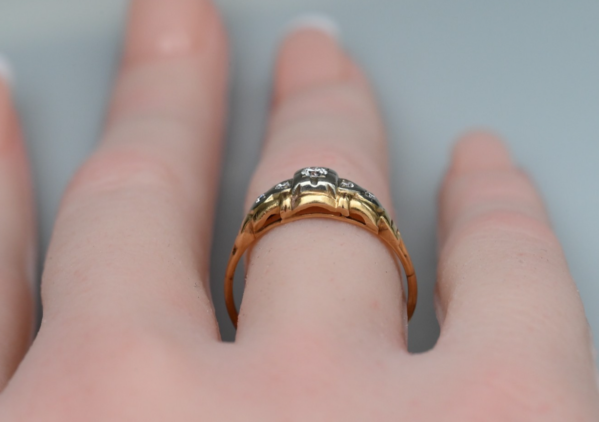 Awesome Antique Two Tone 14k Gold Art Deco Ring with Natural Round Diamonds3