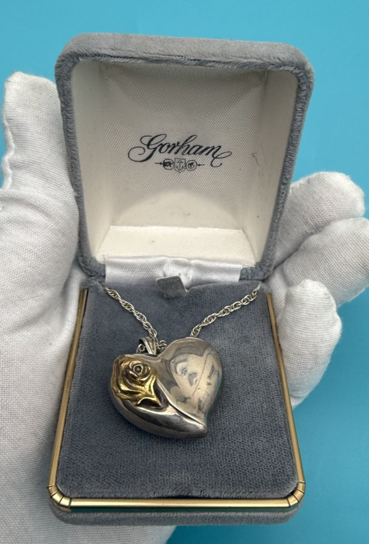 Gorham Sterling Silver Puffy Heart Pendant Necklace with a Gold-Plated Flower2