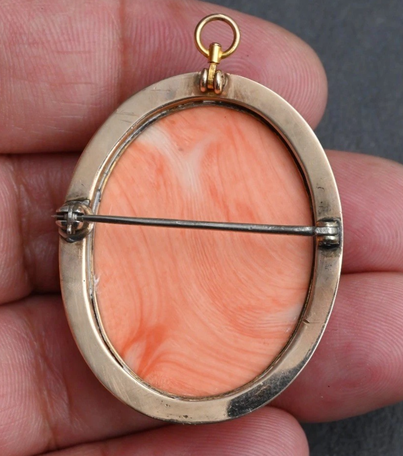 Gorgeous Antique Hand Carved Natural Coral Cameo Pendant In 12K Yellow Gold3