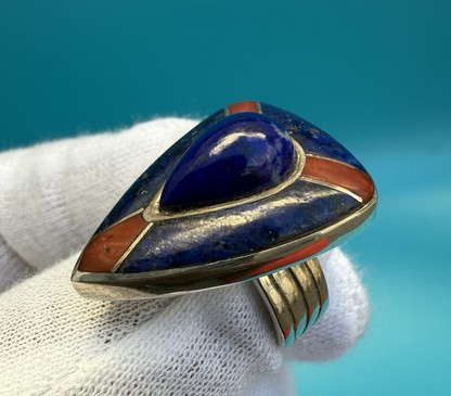Exquisite Signed Native American Shield Ring w, Lapis & Coral Inlay 3