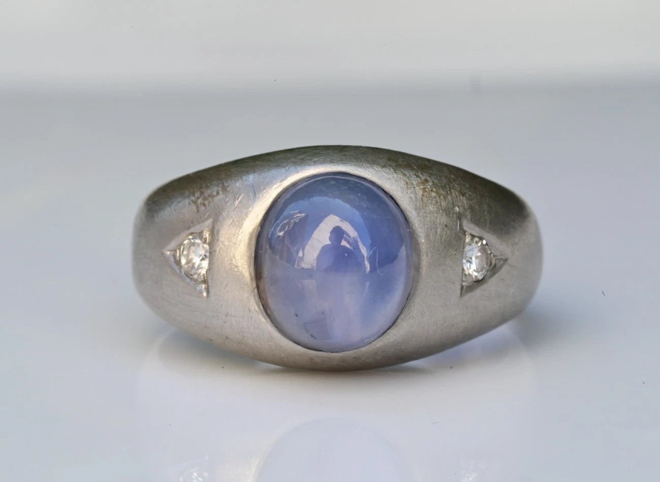 Early Art Deco Blue Star Sapphire Cabochon Ring With Diamond Accents In Platinum1
