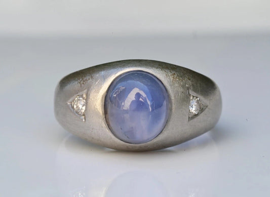 Early Art Deco Blue Star Sapphire Cabochon Ring With Diamond Accents In Platinum1