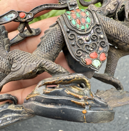 Antique Chinese Silver Sculpture of Dragon-Drawn Celestial Carriage Jade Wheels15