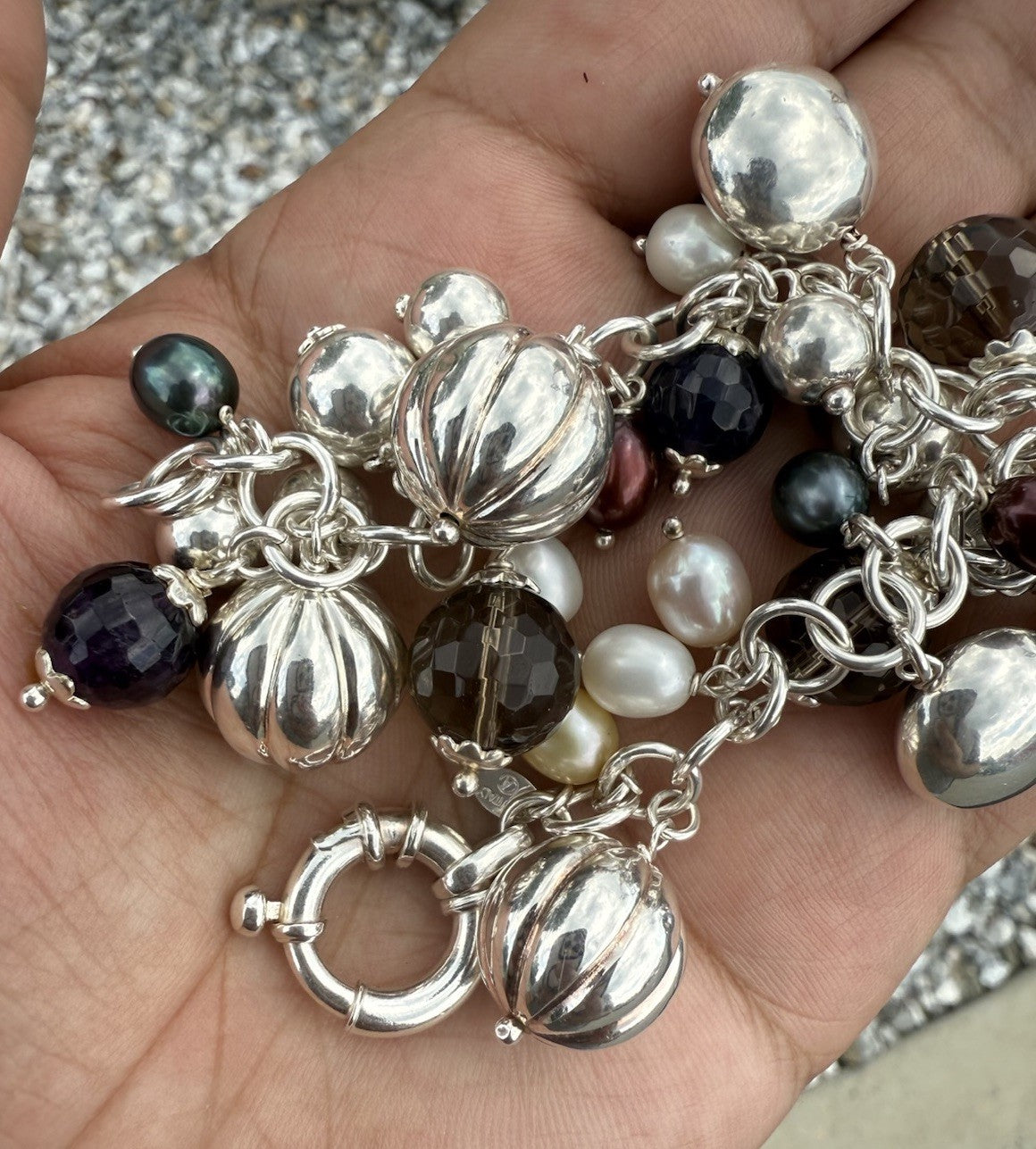 Beautiful Italian Sterling Silver Charm Bracelet w/ Pearls & Faceted Gemstone2