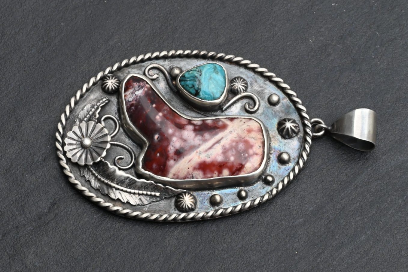 High Quality Sterling Silver Southwestern Pendant with Cowboy Jasper Boot3