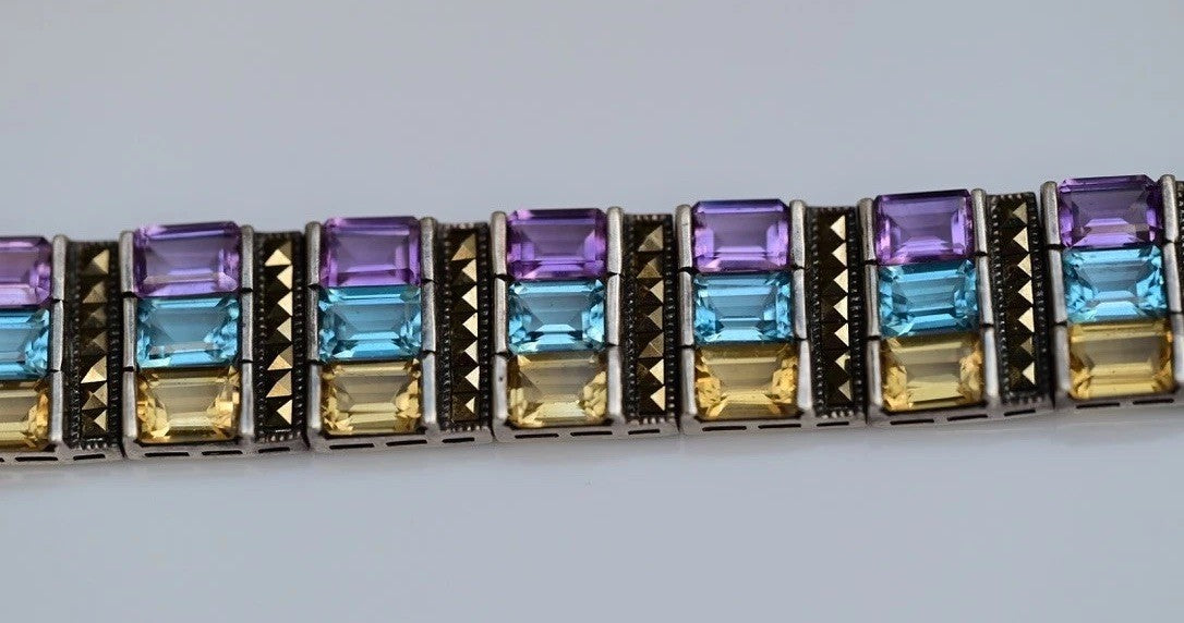 Beautiful Vintage Multi Gemstone & Sterling Silver Bracelet Marked NF3