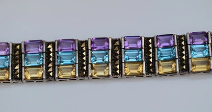 Beautiful Vintage Multi Gemstone & Sterling Silver Bracelet Marked NF3