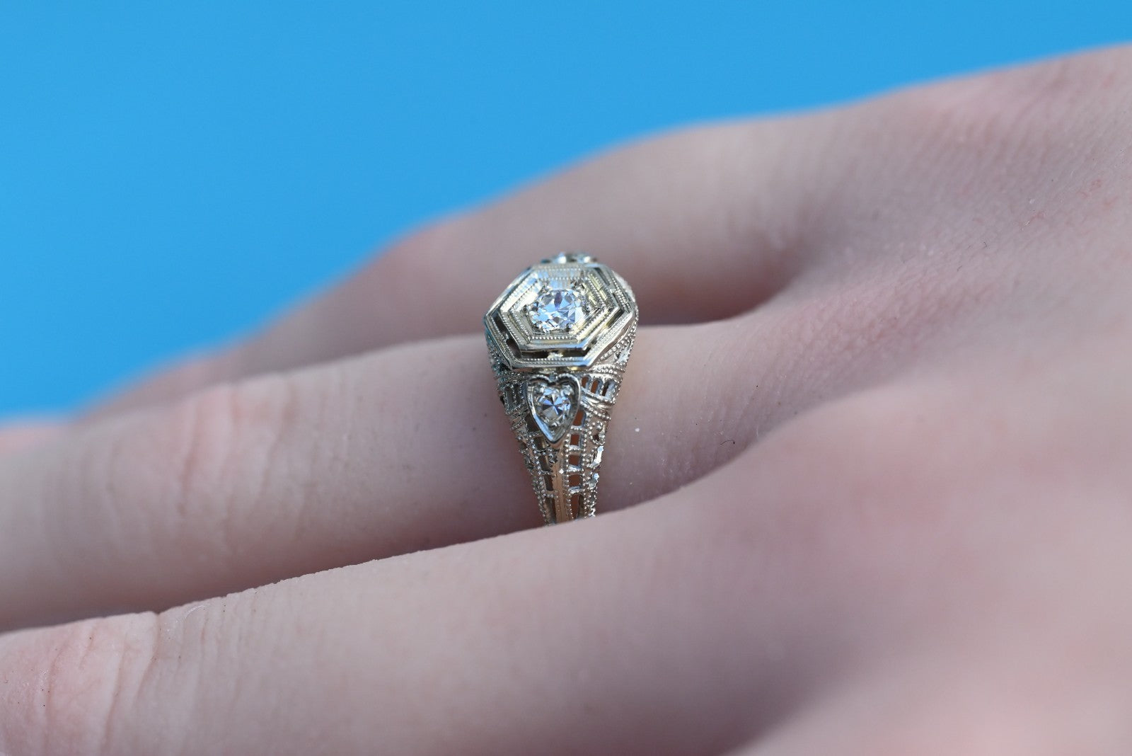 Amazing Antique Art Deco 1900s Diamonds & 18k White Gold Heart Design Ring 9