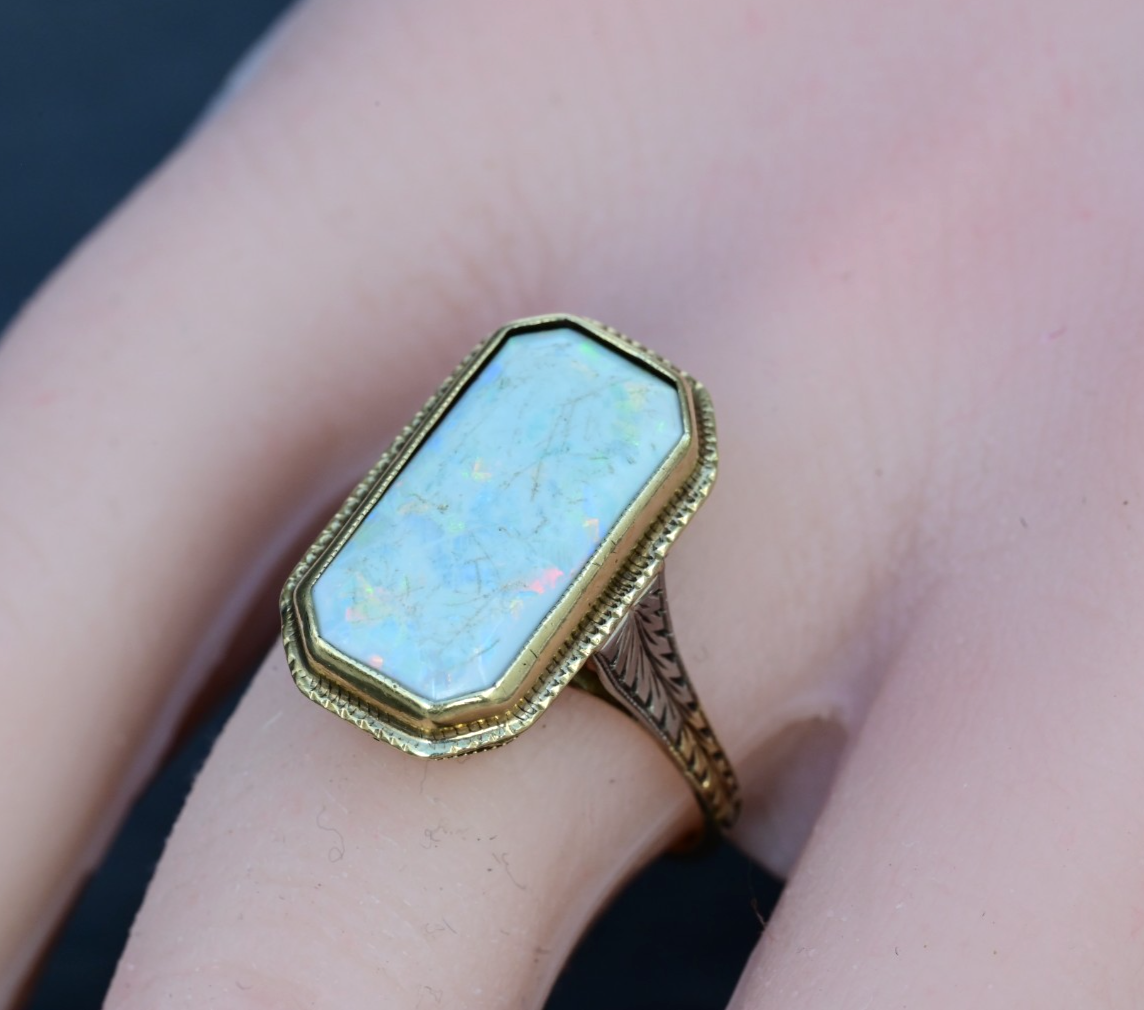 Gorgeous Antique 1900s Large Natural Opal Ring Set in 14K Yellow Gold6