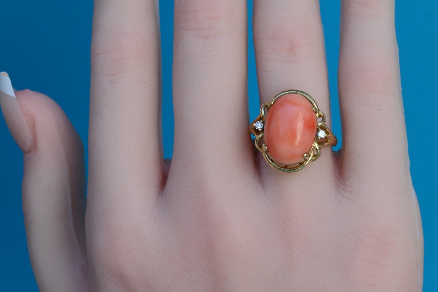 Elegant Natural Light Red Coral & 14K Yellow Gold Cocktail / Dinner Ring2