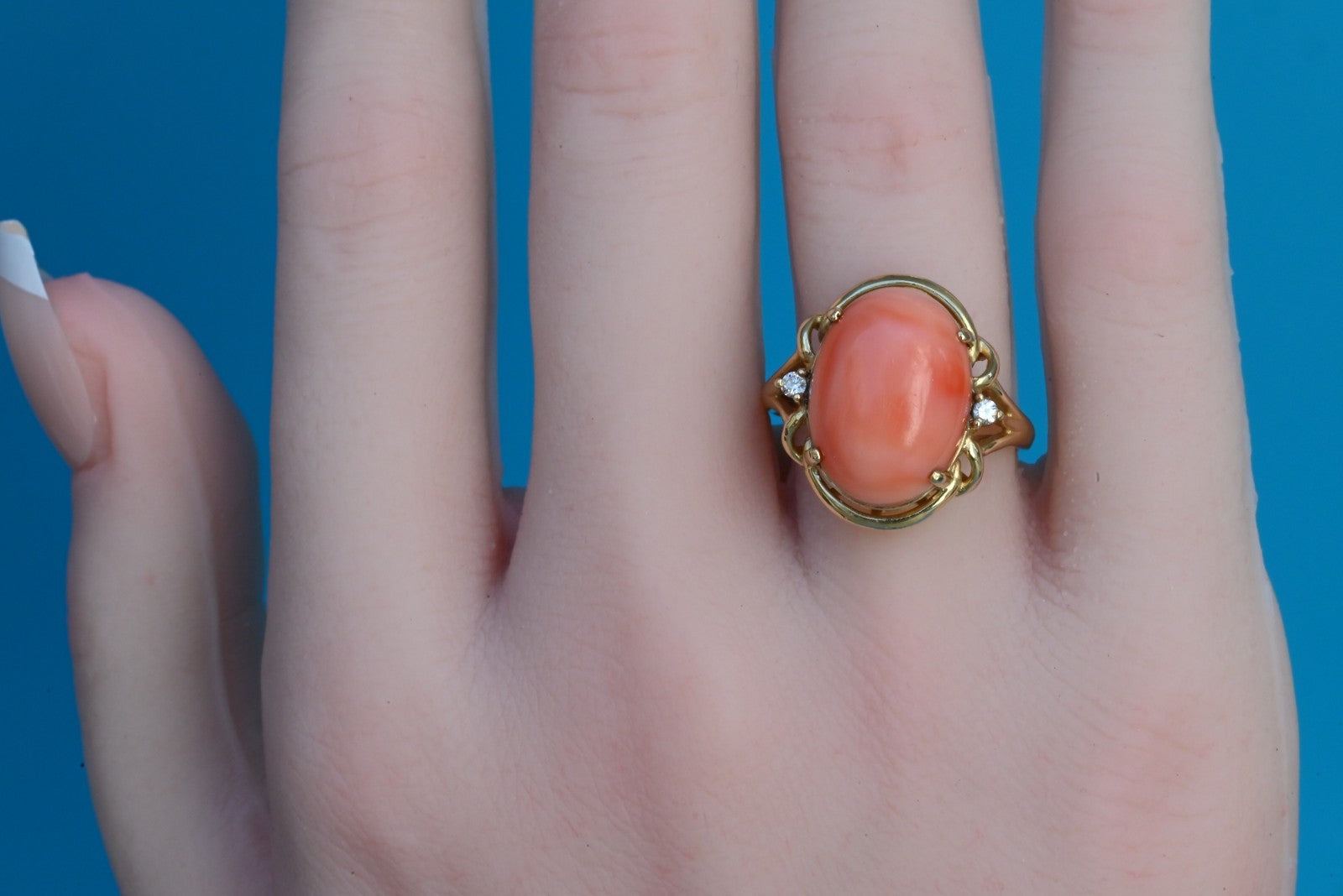 Elegant Natural Light Red Coral & 14K Yellow Gold Cocktail / Dinner Ring2