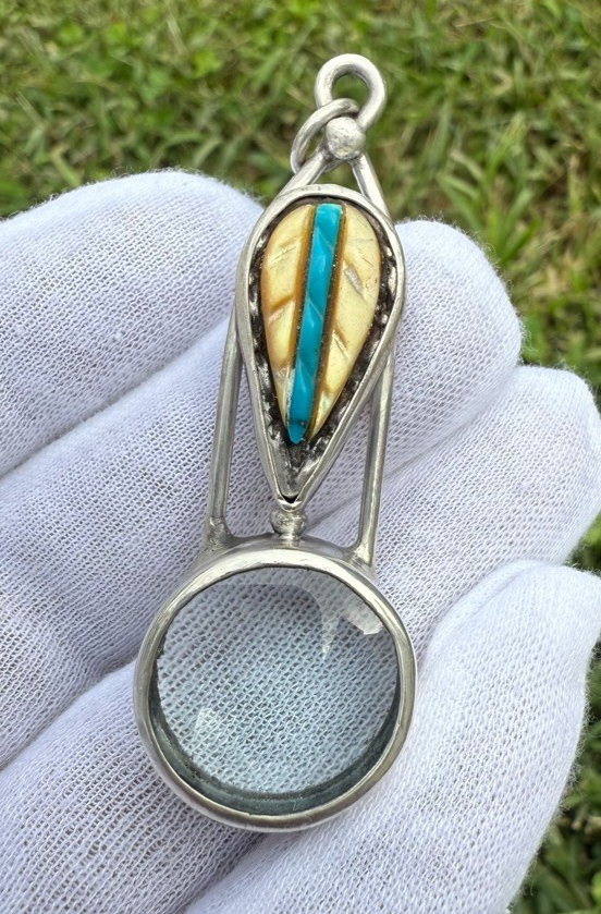 Signed MS Sterling Silver Southwest Jewelers Loupe Mother of Pearl & Turquoise0