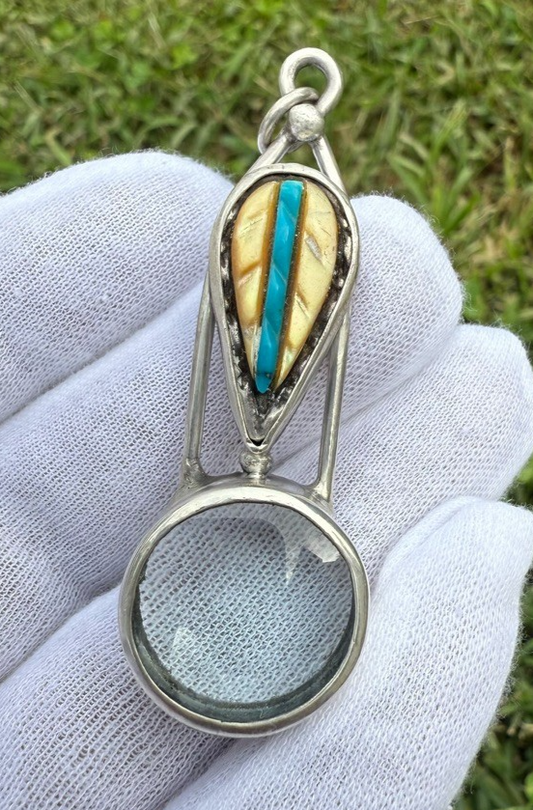 Signed MS Sterling Silver Southwest Jewelers Loupe Mother of Pearl & Turquoise0