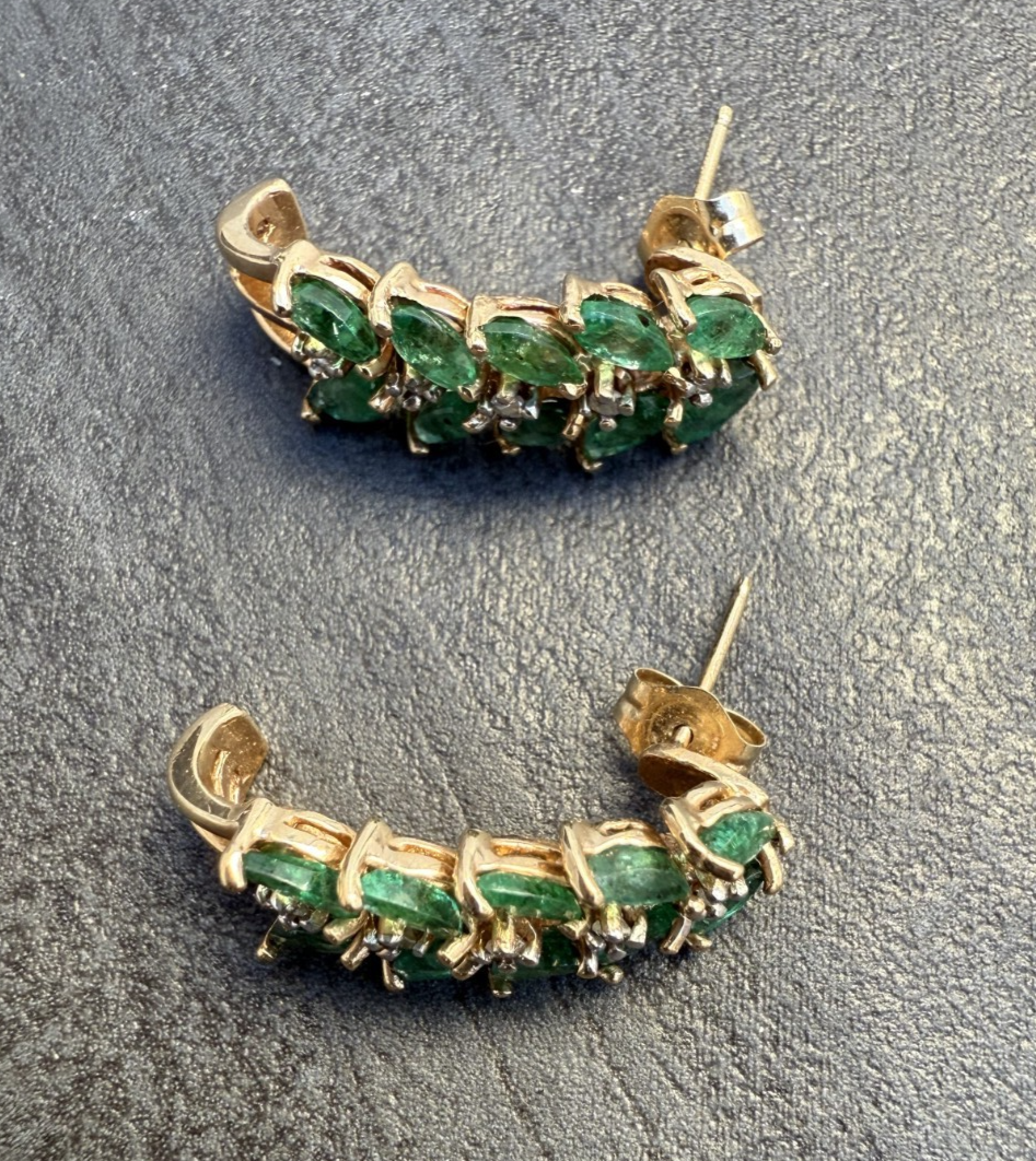 Pair of Natural Emerald Drop Earrings with Diamond Accents in 14K Yellow Gold7
