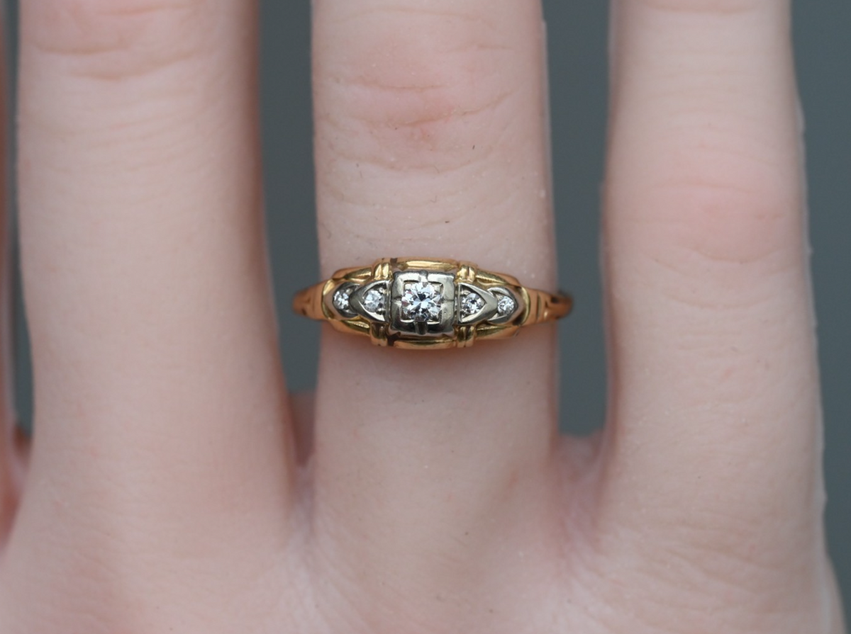 Awesome Antique Two Tone 14k Gold Art Deco Ring with Natural Round Diamonds2