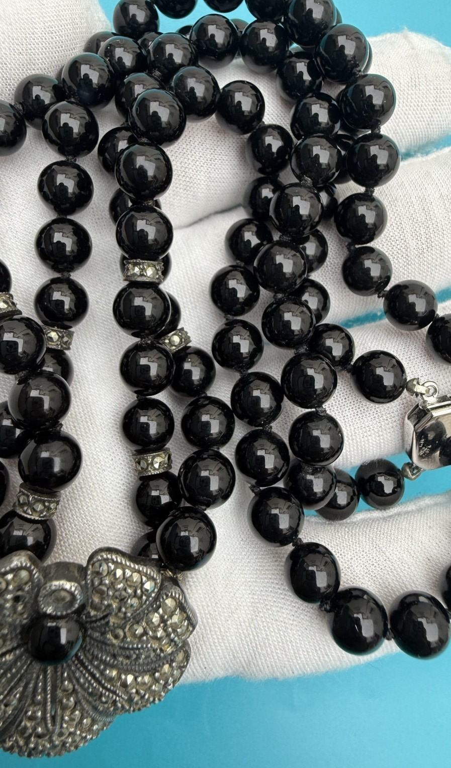 Gorgeous Double-Strand Black Onyx and Sterling Silver Marcasite Flower Necklace5