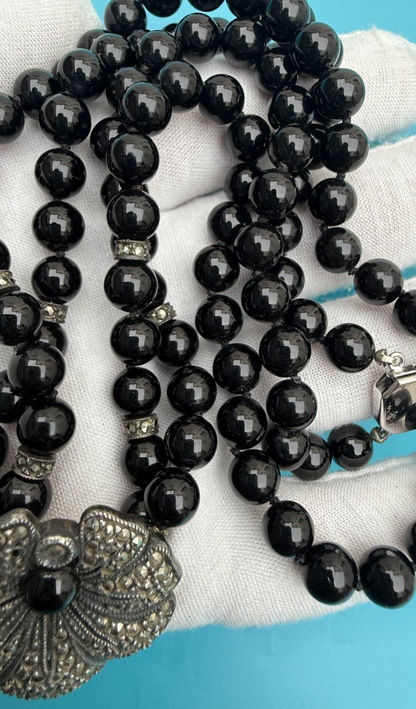 Gorgeous Double-Strand Black Onyx and Sterling Silver Marcasite Flower Necklace5