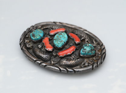 Signed R. Spencer Native American Sterling Silver Belt Buckle Turquoise & Coral0