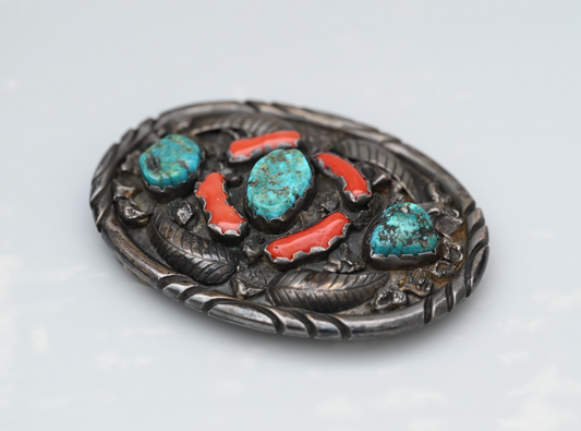 Signed R. Spencer Native American Sterling Silver Belt Buckle Turquoise & Coral0