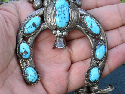 Early Native American Blue Turquoise & Sterling Silver Squash Blossom Necklace7