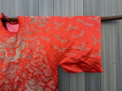 Antique Qing Dynasty Chinese Metallic Silk Embroidery Dragon Robe In Red Color5