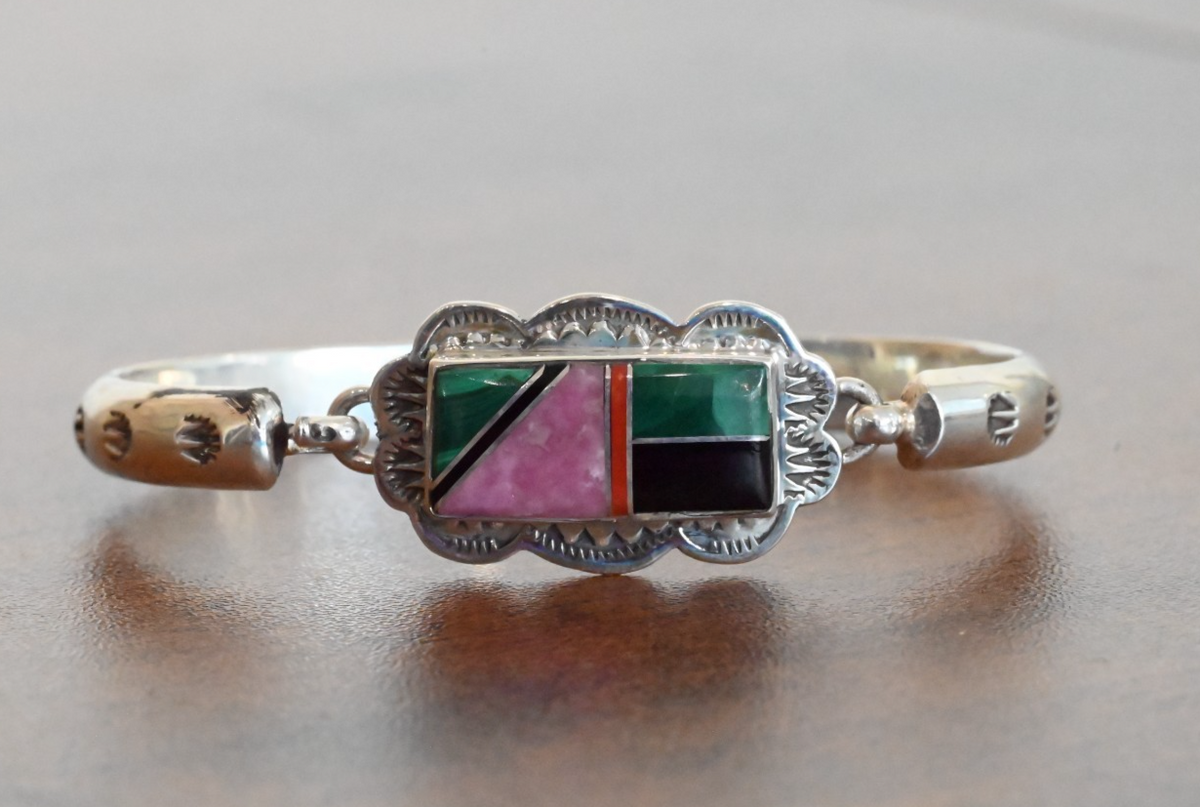 Vintage Native American Zuni Sterling Silver Mosaic Inlay Cuff by G. Howe2
