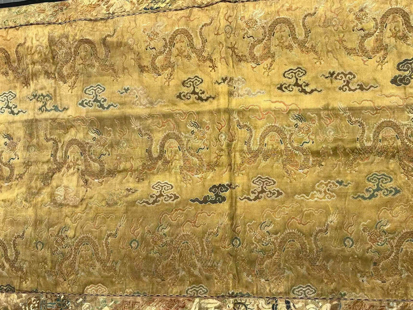Early Antique Qing Dynasty Chinese Yellow Silk Brocade Panel with Gold Dragons3