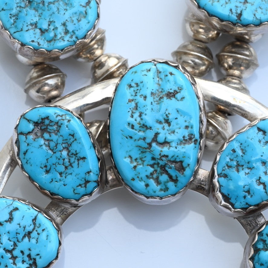 Vintage Native American Blue Turquoise & Sterling Silver Squash Blossom Necklace8