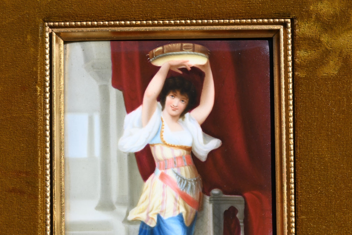 Antique Hand Painted German Porcelain Plaque of Gypsy Girl Holding a Tambourine3