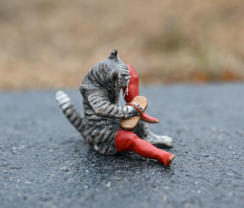 Vintage Austrian Vienna Cold Painted Bronze of Small Cat Cleaning Red Boots3