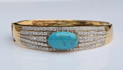 Gold Toned Sterling Silver Bangle Cuff Bracelet with Blue Oval Turquoise Gem1