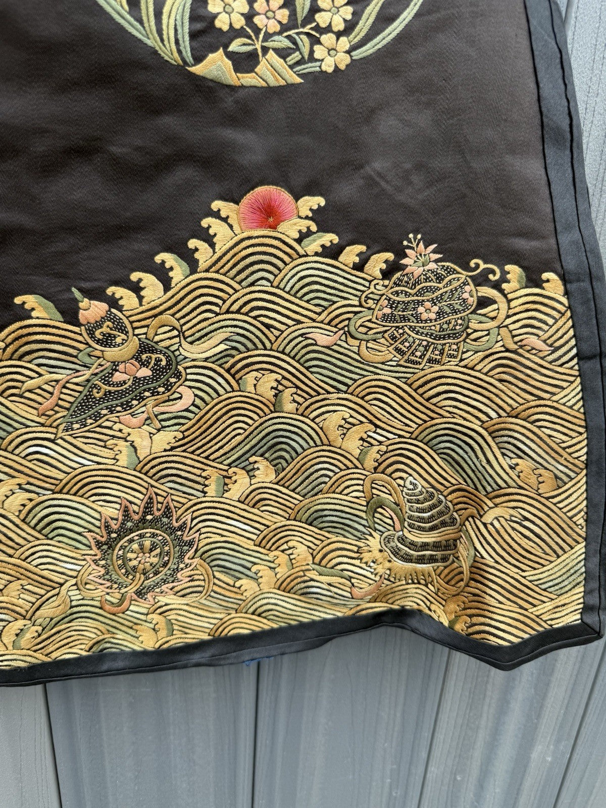 Early Antique Qing Dynasty Chinese Black Silk Embroidery Robe With Crane Birds12