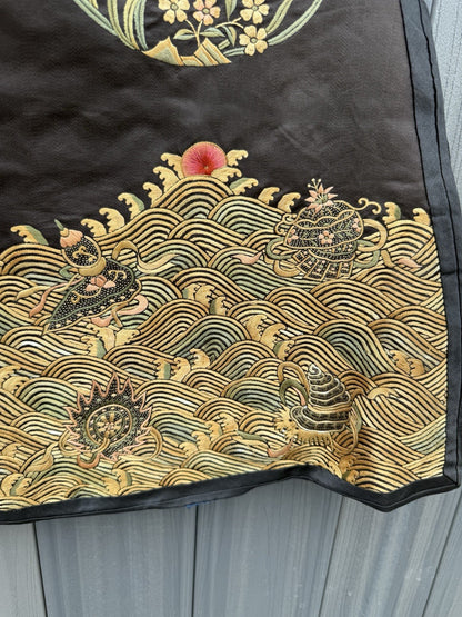 Early Antique Qing Dynasty Chinese Black Silk Embroidery Robe With Crane Birds12